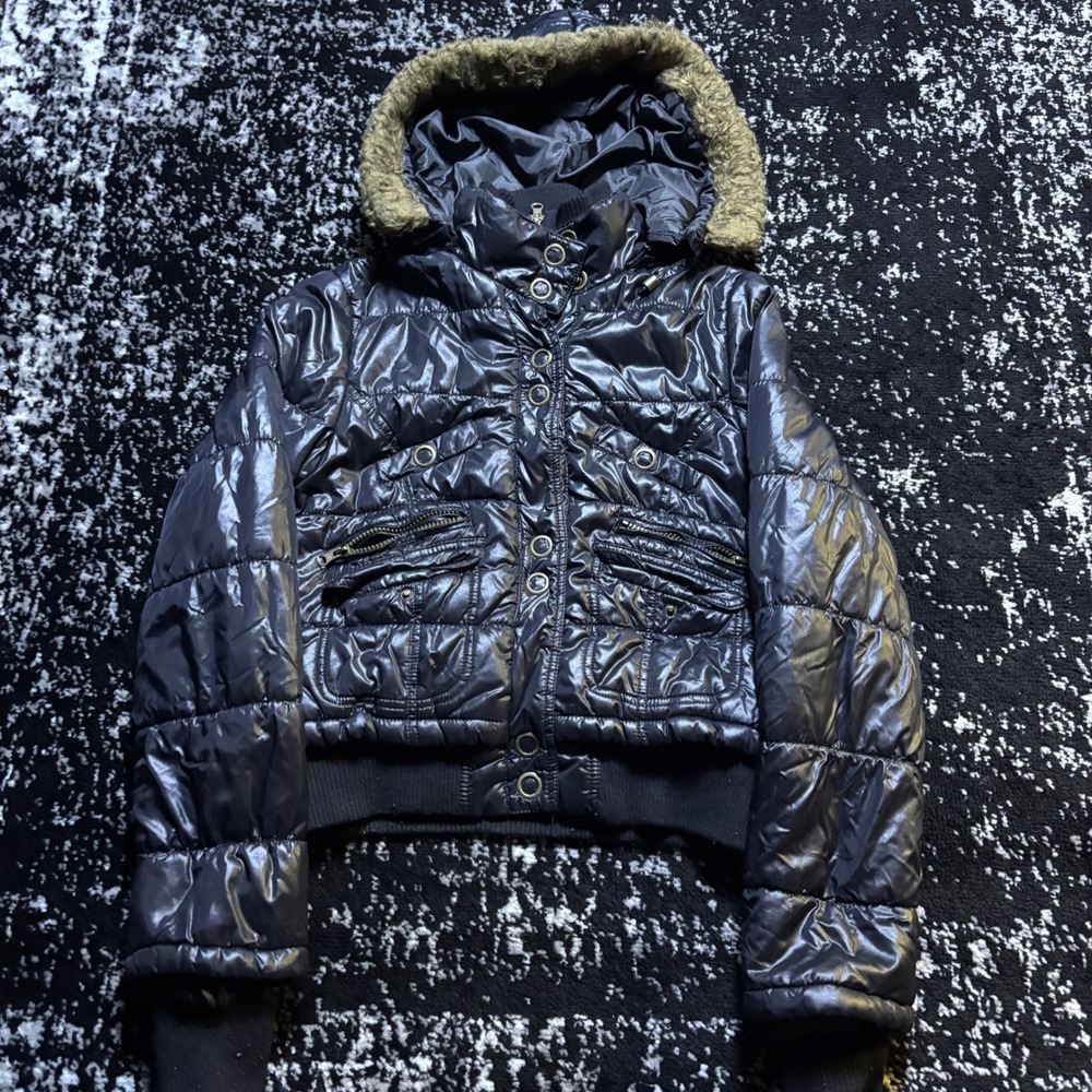 Dromedar Y2k Black Cropped Puffer Jacket Faux Fur Hood Bomber Womens Large